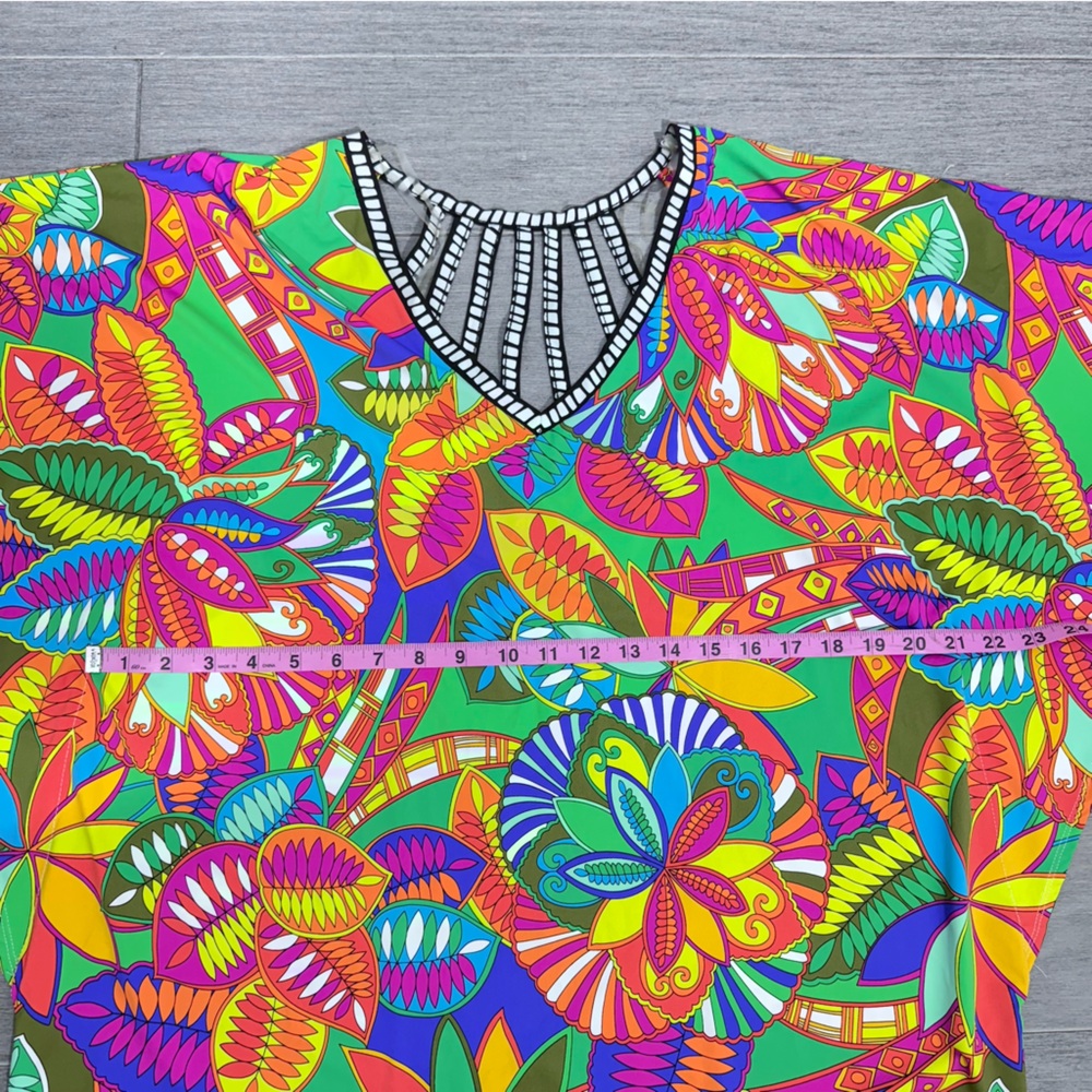 Trina Turk Montezuma Beach Coverup Tunic Dress M Boho Floral Print Cut Out Back - Picture 14 of 16